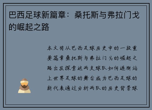 巴西足球新篇章：桑托斯与弗拉门戈的崛起之路